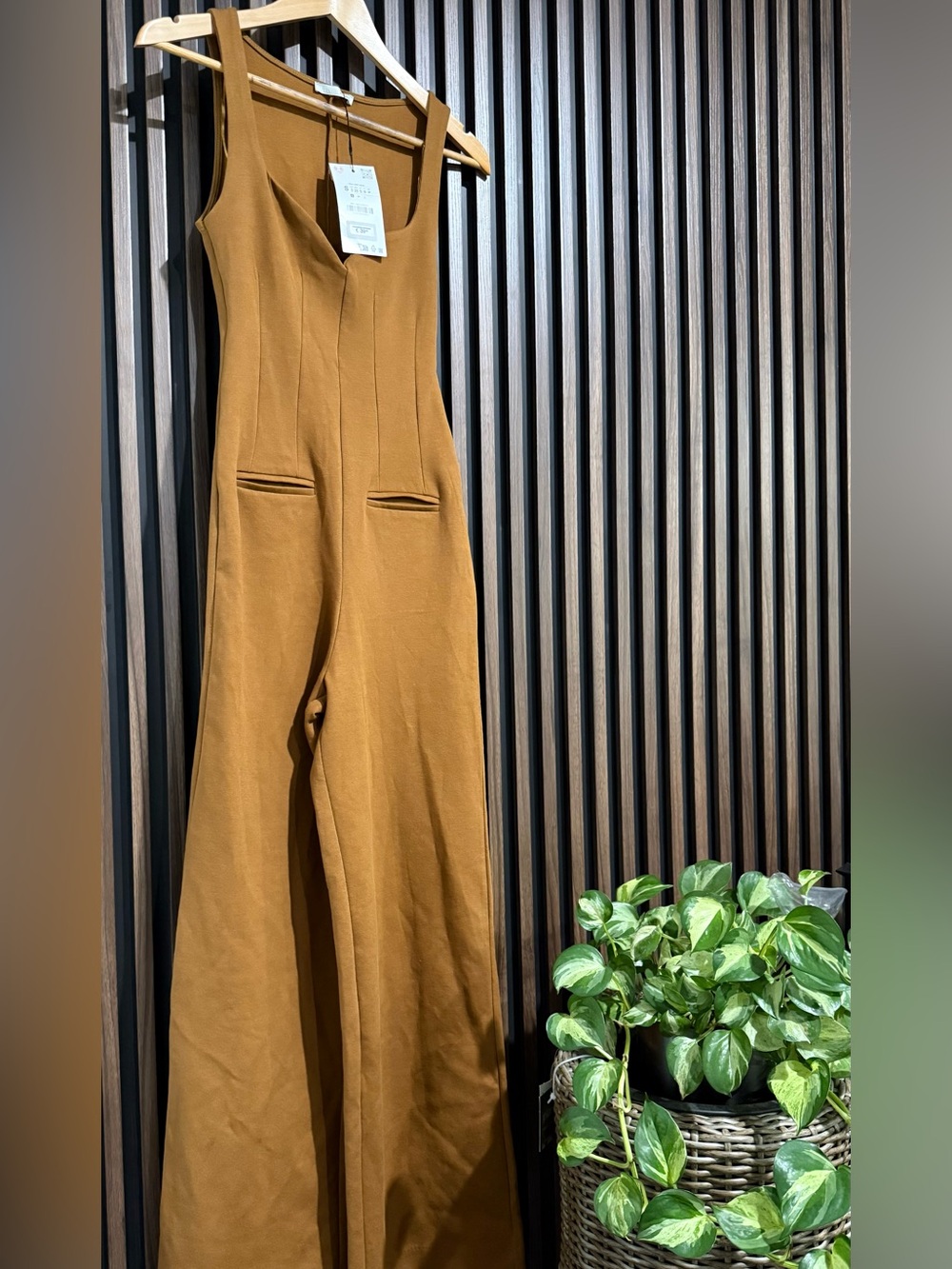 Zara Camel Wide-Leg Square-Neck Jumpsuit